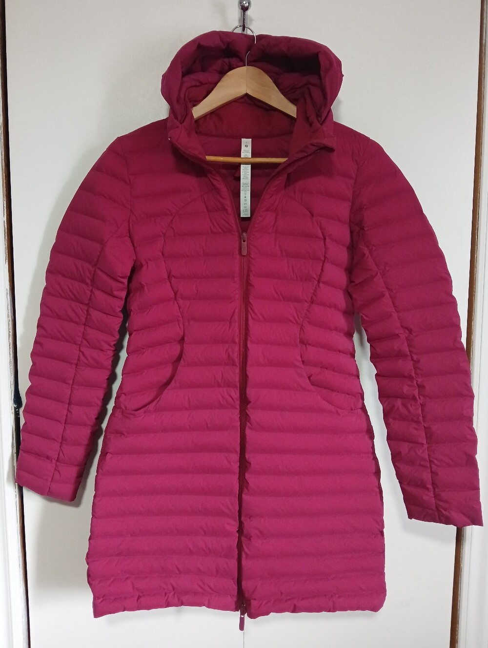 Lululemon Pack It Down Long Jacket Pomegranate Pink Goose Down Hooded Size 6